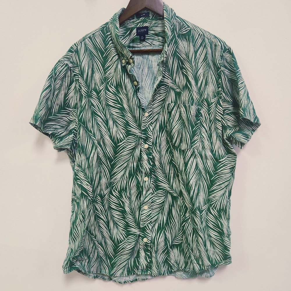 J Crew Mens Slim Fit Linen Blend Short Sleeve‎ Shirt Size XL Green Leaf Tropical